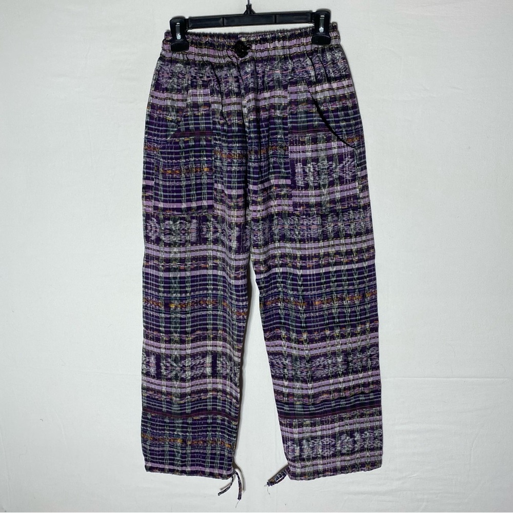 Vintage Purple Plaid Boho Guatemalan Ikat Corte Cotton Easy Pants L Festival